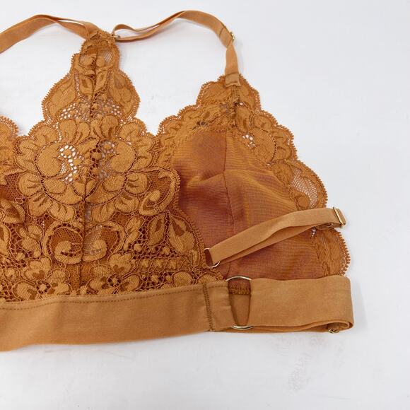 We Are HAH Medium M Brown Sugar Orange Lace Racerback Bra Bralette Deep V Neck - Picture 8 of 11
